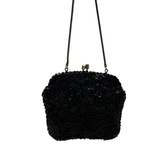 Unbranded Vintage Black Sequin Beaded Metal Frame & Chain Strap Evening Purse - Picture 3 of 9